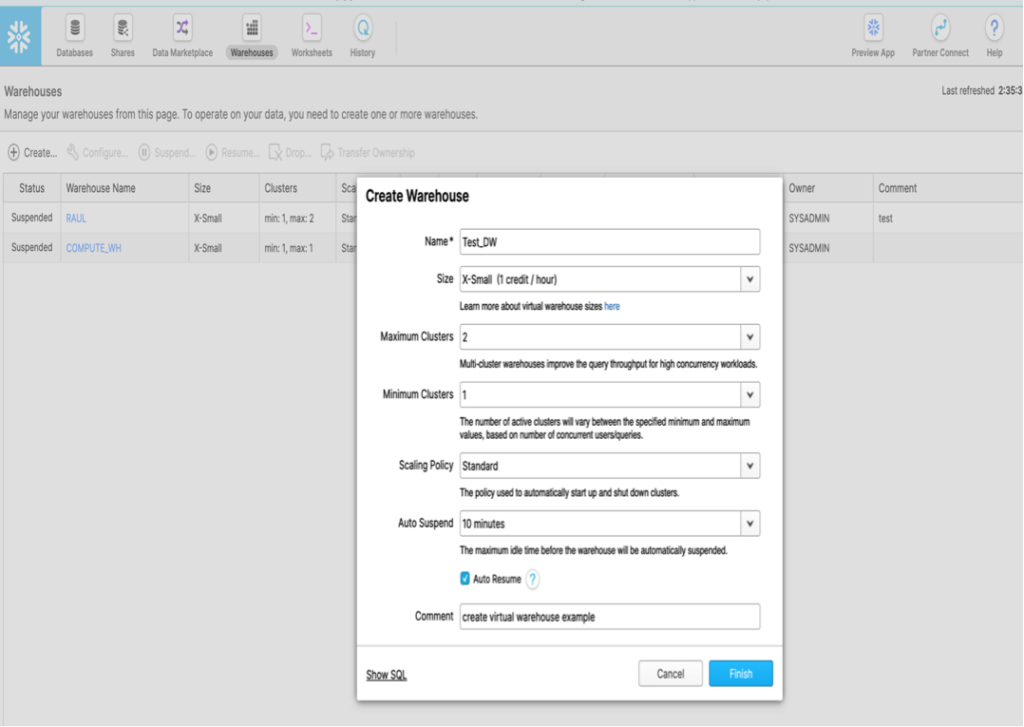 Description: Create a Virtual data warehouse in Snowflake