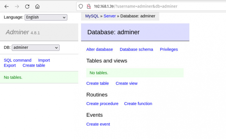 The Adminer main window makes it easy to manage your databases.