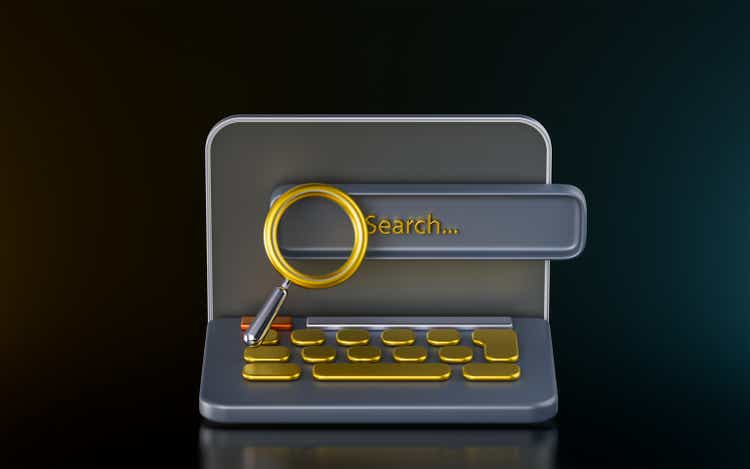 laptop sign with magnify glass on dark background 3d render concept for