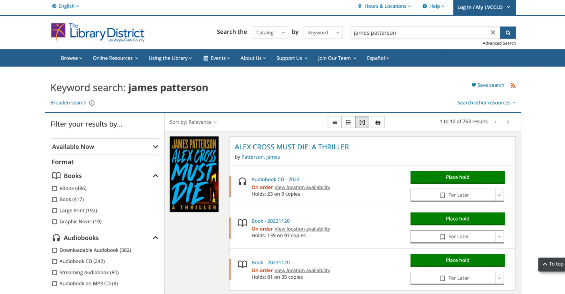 Search results for James Patterson books online with the local library
