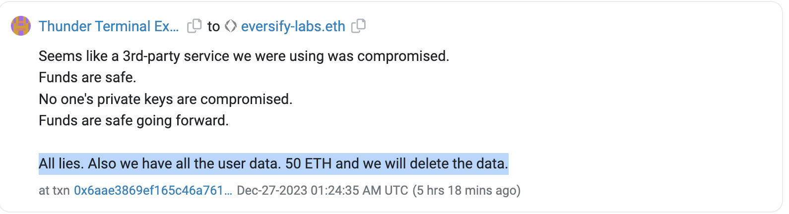 Thunder Terminal Hackers On-Chain Message. Source: Etherscan