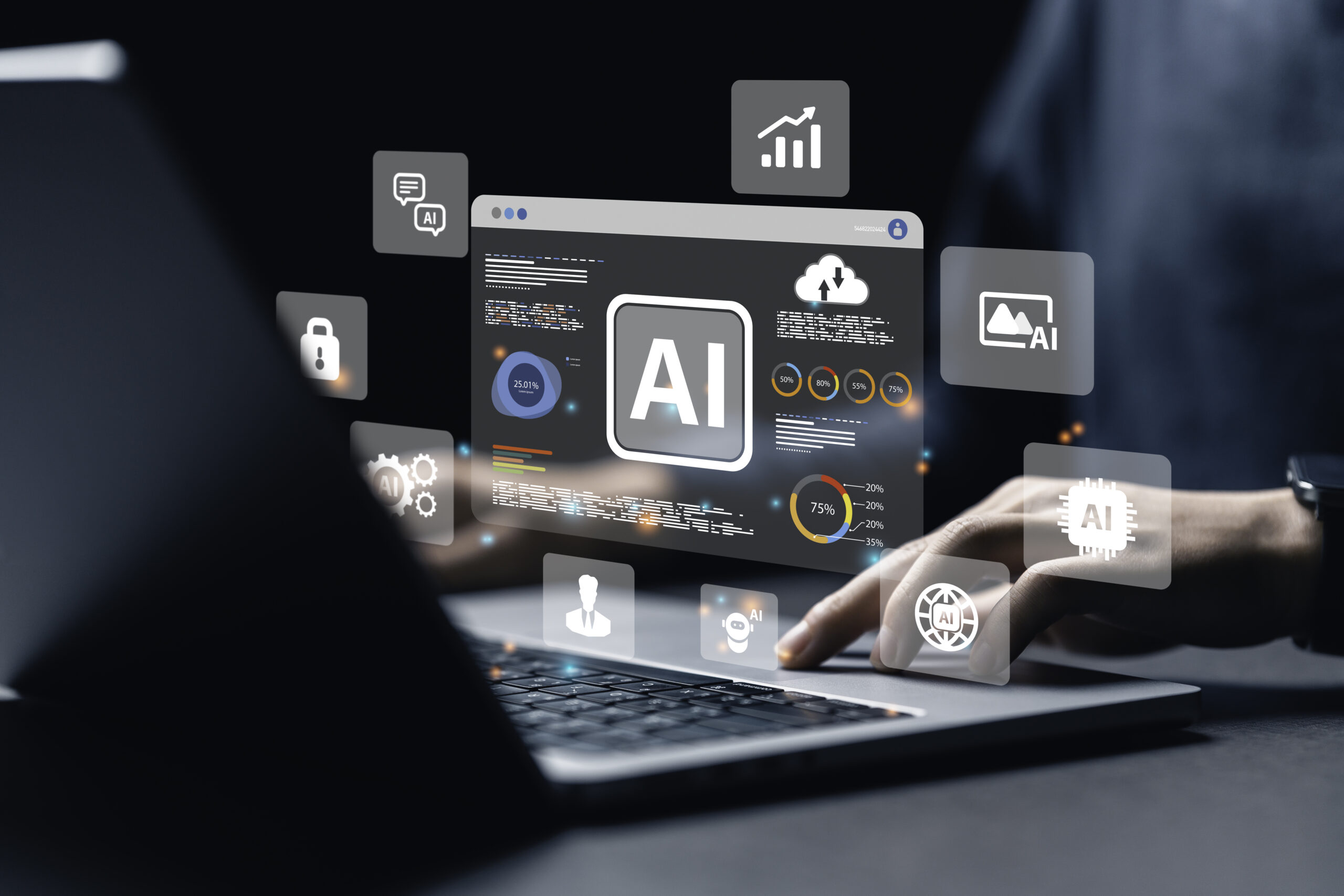 An open laptop with several AI related images and icons.
